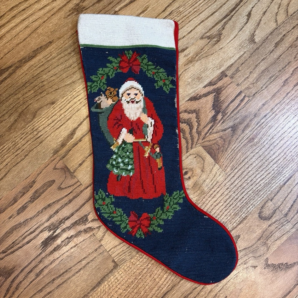 Vintage Needlepoint Christmas Stocking Santa Claus Handcrafted Wool Velvet Back